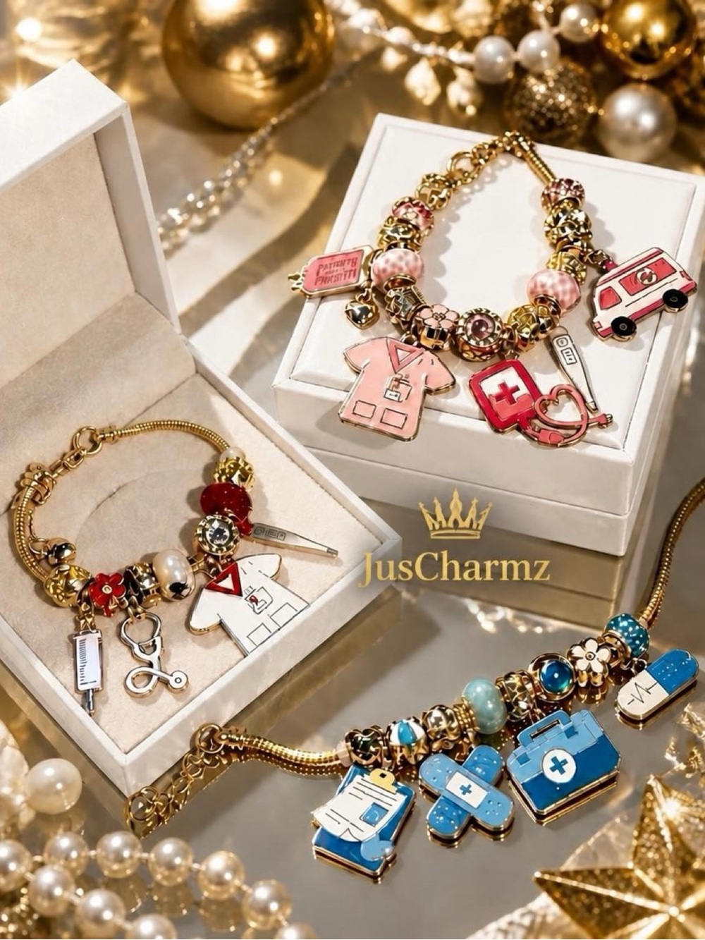 Red, Pink & Blue Medical Charm Bracelet Set